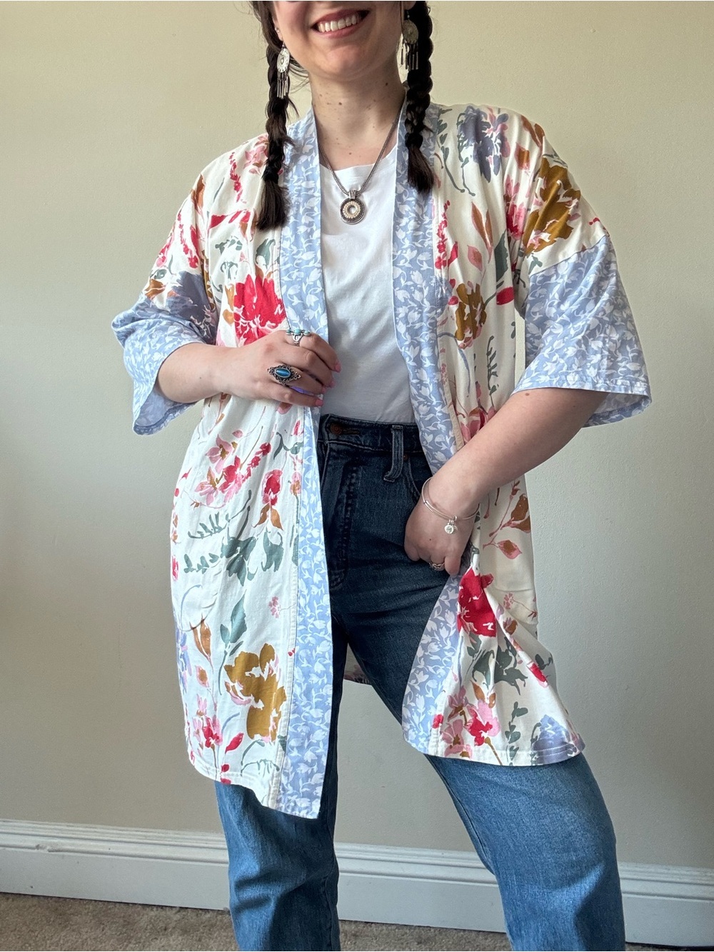 Pact Bright Floral Kimono Robe Cardigan (missing belt)